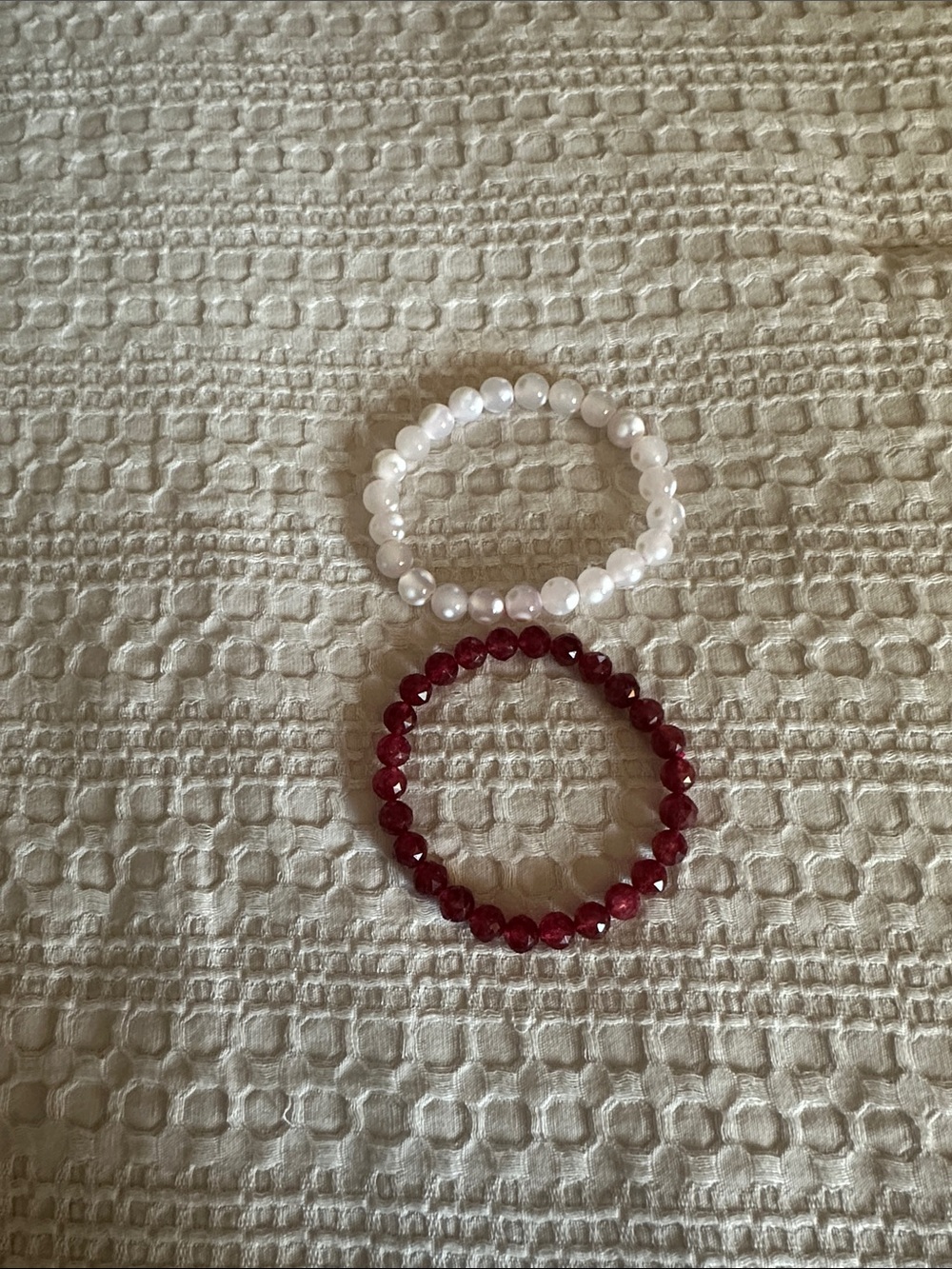 Crystal bracelets (2) strawberry quartz & flower agate. Fit 6.5”/6.25 looser
